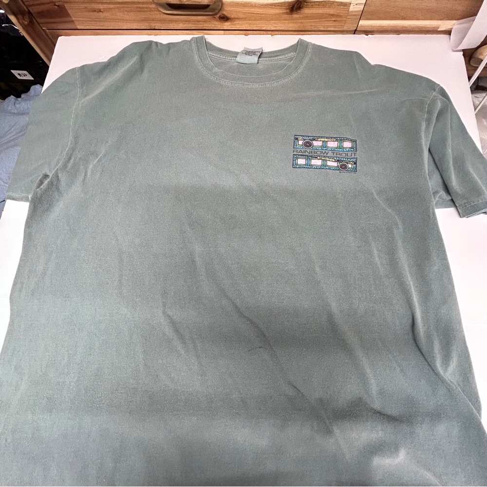 Green Crew Neck Short Sleeve Tee with Chest Graphic Fly Fishing Rainbow TroutXXL